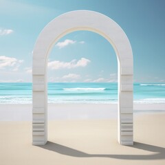 Fototapeta na wymiar Minimalist White Archway - Tranquil Beach Backdrop created with Generative AI technology