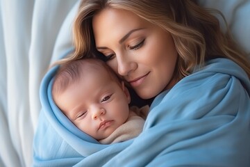 Fototapeta na wymiar Woman holding adorable baby wrapped in blue blanket. Generative AI