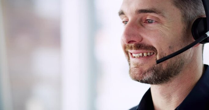 Call center, happy man and talking at computer for customer service, telemarketing and sales consulting. Face of male CRM agent, desktop and communication for advice, help desk and technical support