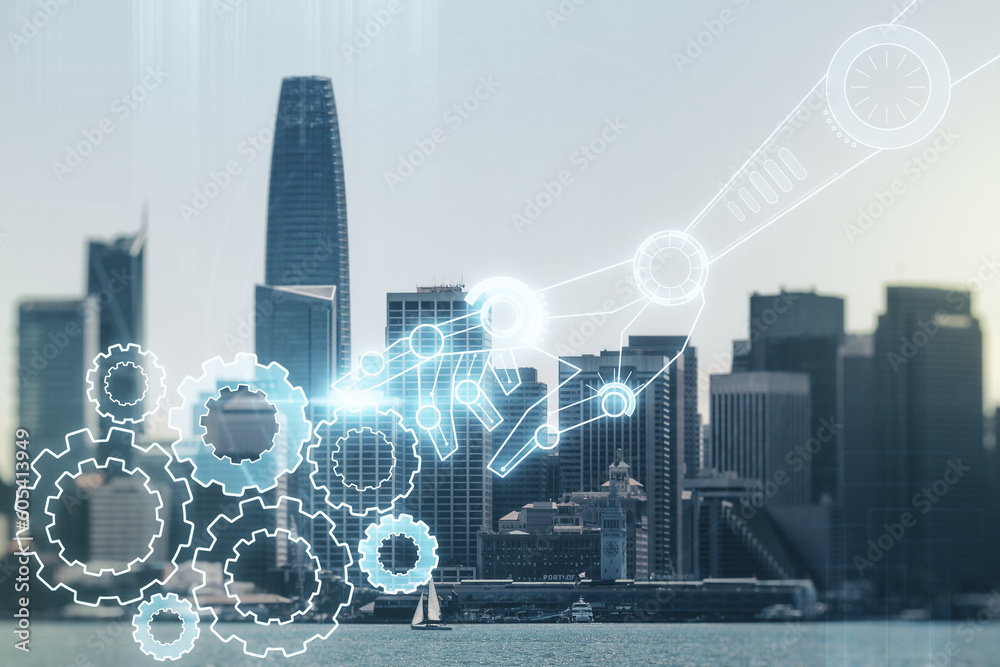 Aufkleber abstract virtual robotics technology sketch on san francisco office buildings background, future tec