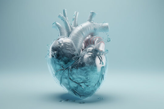 Abstract human heart made from ice. Copy space and pastel soft colors. Generative AI