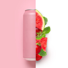 Collage with soda can, sweet watermelon, mint and strawberry