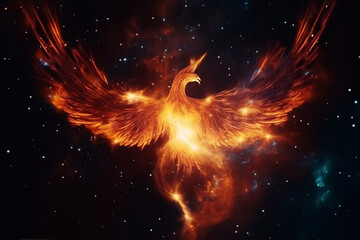 Obraz na płótnie Canvas Fire phoenix bird in space background. Generative AI