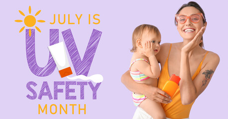 Mother and her baby with sunscreen cream on lilac background. Banner for Ultraviolet Safety Month