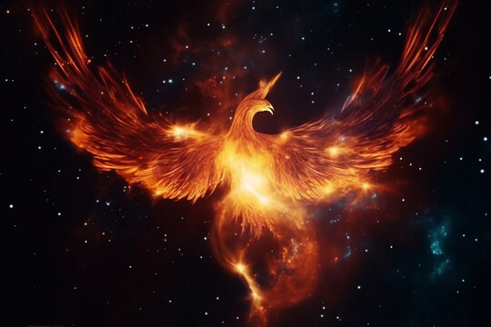 Fire phoenix bird in space background. Generative AI