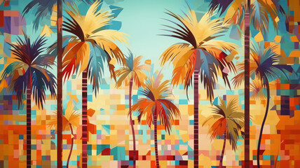 Fototapeta na wymiar Sand-colored background with geometric pattern and palm trees
