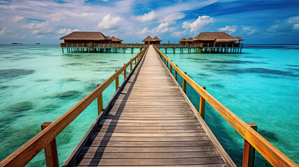 Water Villas (Bungalows) and wooden bridge at Tropical beach in the Maldives at summer day Generative AI