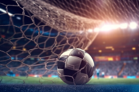 Football in the goal net with the background of the stands and stadium floodlights. Concept of sports competitions, creative ai