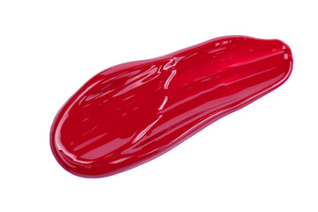 Classic red lipstick smear smudge isolated on white background. Trendy color makeup swatch