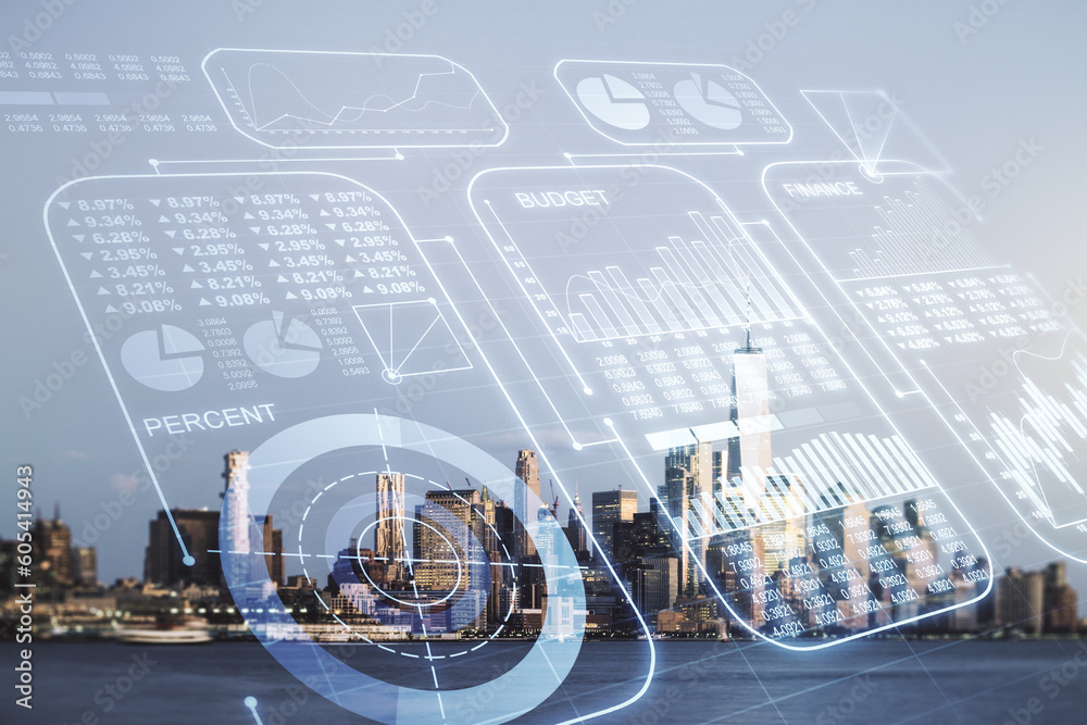 Poster Multi exposure of abstract statistics data hologram interface on Manhattan office buildings background, computing and analytics concept