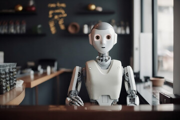 Humanoid futuristic cyborg robot barista working in cafe restaurant desk on service. Concept of high-tech home or restaurant assistant worker, future technology. Generative AI