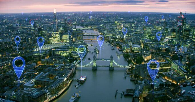 Localization icons over London. Aerial view of a smart and futuristic city. Famous bridges and buildings. Perfect to illustrate concepts as: data communication, artificial intelligence, IOT.