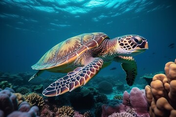 Obraz na płótnie Canvas Sea turtle swimming the undersea, Beautiful Underwater and colorful coral in the wild nature of the Pacific Ocean Generate Ai