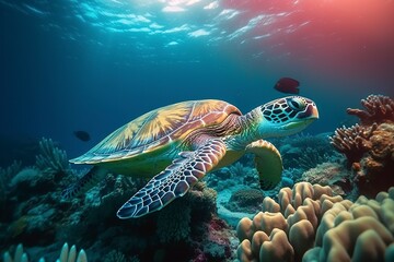 Naklejka na ściany i meble Sea turtle swimming the undersea, Beautiful Underwater and colorful coral in the wild nature of the Pacific Ocean Generate Ai