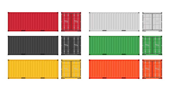 Large shipping containers. Set of cargo containers in different colors. Vector illustration. Isolated on white background.	