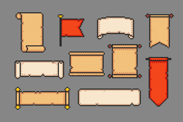 Papyrus scroll collection 8 bit sprite. Pixel vintage scrolls ribbons, ancient manuscripts, parchment banners. Manuscript template with paper ripped sides, pixel art.