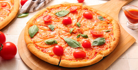 Tasty cut pizza margarita on table, closeup