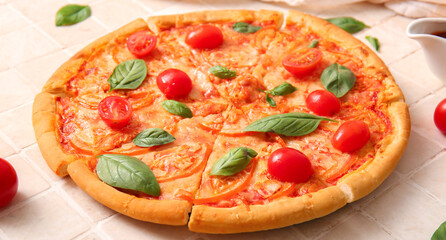 Tasty cut pizza margarita on table