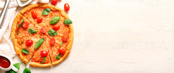 Tasty cut pizza margarita on white background with space for text, top view