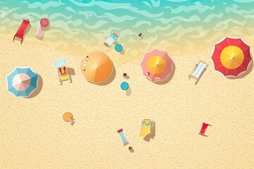 Fototapeta na wymiar Top view beach background with umbrellas,balls,swim ring,sunglasses,surfboard, hat,sandals and sea.AI Generated