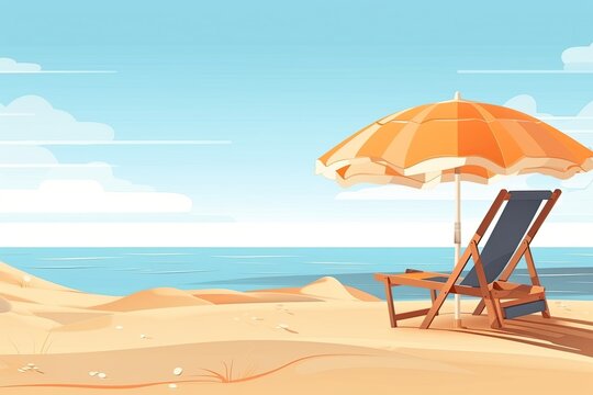 Illustration cartoon style background of sea shore.Deck chair and beach umbrella on the sand coast.ai generated
