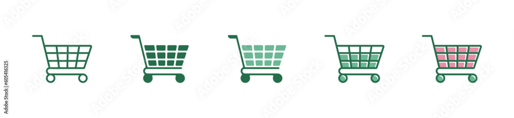 Poster shopping cart icons in a variety of different styles of buy or sell product illustration signs for o