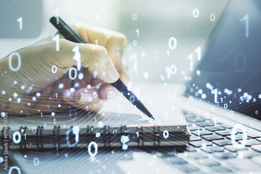 Poster creative abstract binary code hologram and hand writing in diary on background with laptop, ai and m