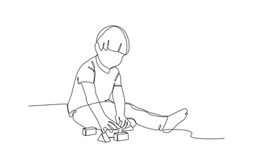 Single one-line drawing boy playing blocks. Children playing with toys concept. Continuous line drawing illustration