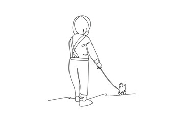Single one-line drawing boy playing horse toy. Children playing with toys concept. Continuous line drawing illustration