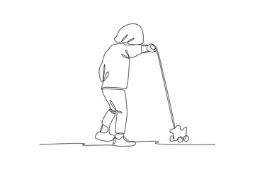 Single one-line drawing boys excitedly playing with toys. Children playing with toys concept. Continuous line drawing illustration