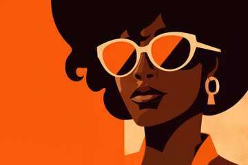 Black and orange woman with sunglasses, in the style of storybook-like, vintage poster style. Generative AI