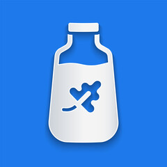 Paper cut Essential oil bottle icon isolated on blue background. Organic aromatherapy essence. Skin care serum glass drop package. Paper art style. Vector