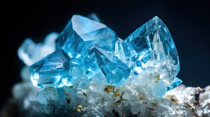 Close-up of bright blue glowing aquamarine mineral. blurred background. Generative ai