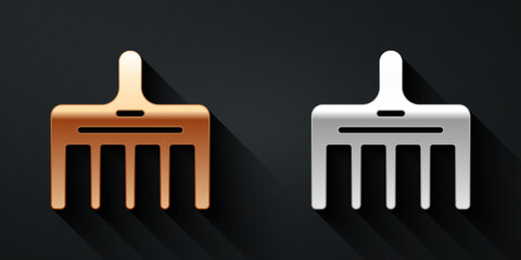 Gold and silver Hairbrush icon isolated on black background. Comb hair sign. Barber symbol. Long shadow style. Vector