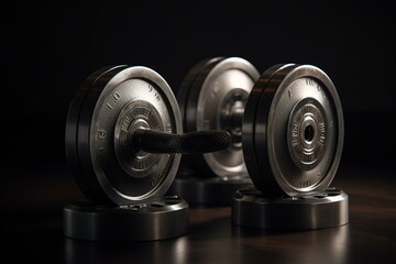 Obraz na płótnie Canvas 3d metal weights on stand with shadow on gray background for bodybuilding and fitness. Generative AI