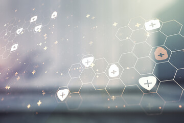 Abstract virtual medical sketch on contemporary business center exterior background. Medicine and healthcare concept. Multiexposure