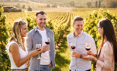 Young friends having fun outdoors - Happy people enjoying harvest time together at farmhouse winery countryside - Tasting red wine at vineyard