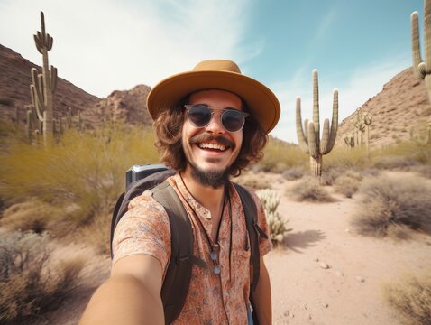 Attraktiver Mann mit Hut und Sonnenbrille macht ein Selfie. Fröhlicher Wanderer mit Rucksack lächelt in die Kamera in wunderschöner Wüste mit Kaktus, generative AI.