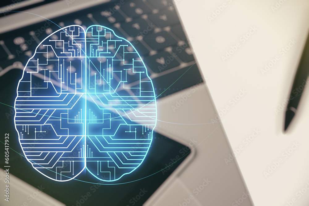 Aufkleber double exposure of creative artificial intelligence symbol with modern laptop on background. neural 