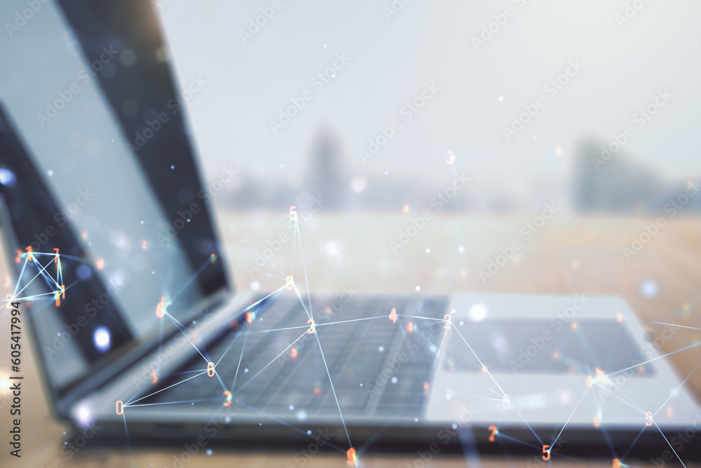 Poster double exposure of technology hologram on laptop background. research and development software conce