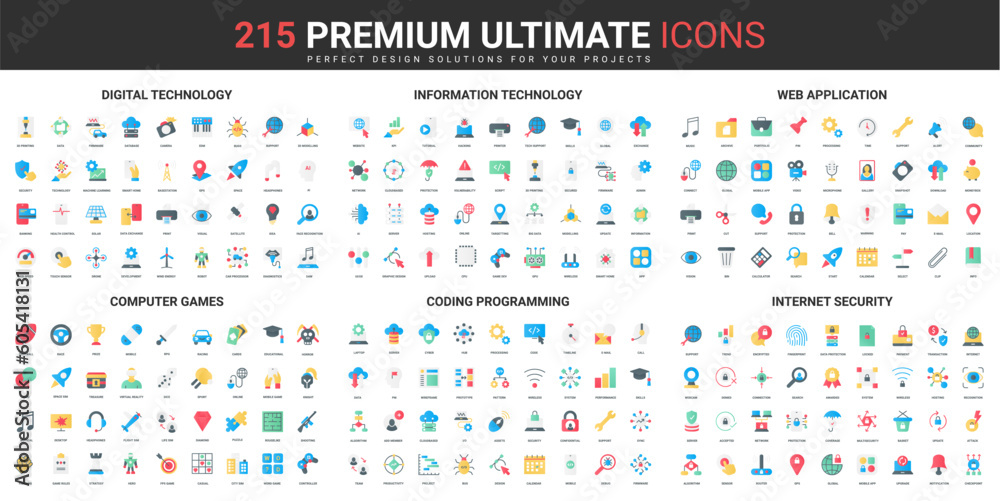 Aufkleber information technology, internet color flat icons set vector illustration. abstract symbols of digit