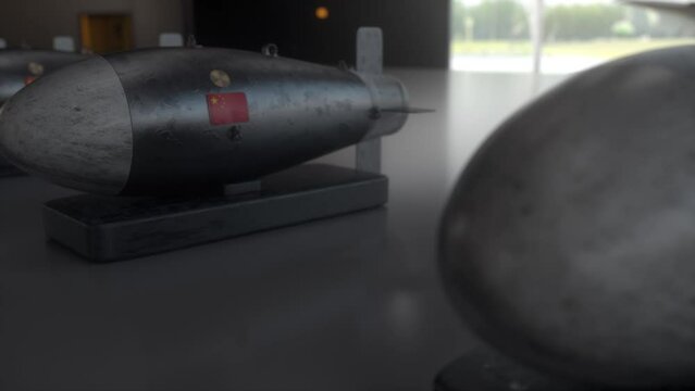 Nuclear Missile with flag of China. Weapons of mass destruction. Nuclear, chemical weapons, radiation