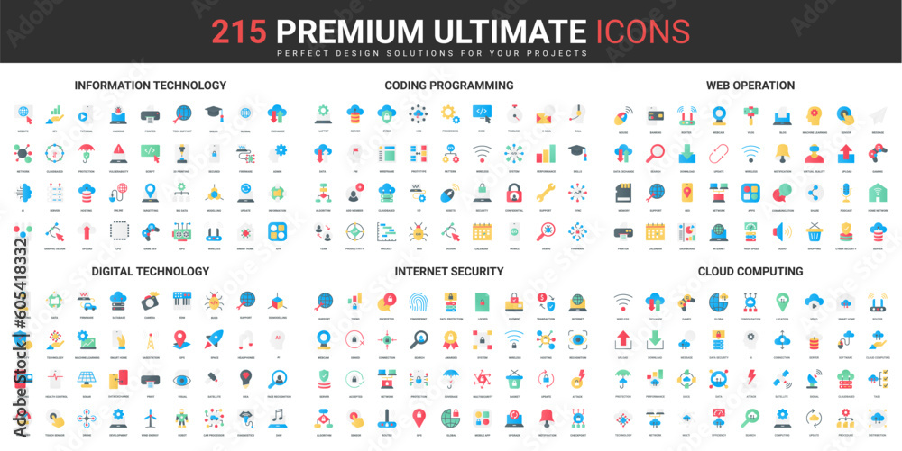 Aufkleber Web coding, programming and internet security color flat icons set vector illustration. Abstract symbols of information, digital technology and cloud computing simple design for mobile and web apps