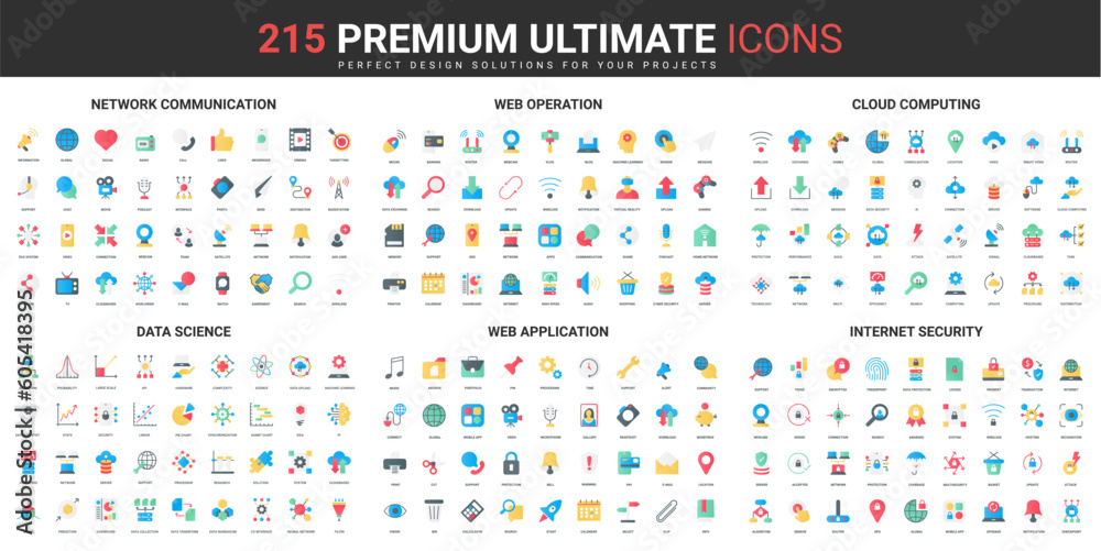 Aufkleber Web network communication, internet application security, science data color flat icons set vector illustration. Abstract symbols of cloud computing operations, simple design for mobile and web apps
