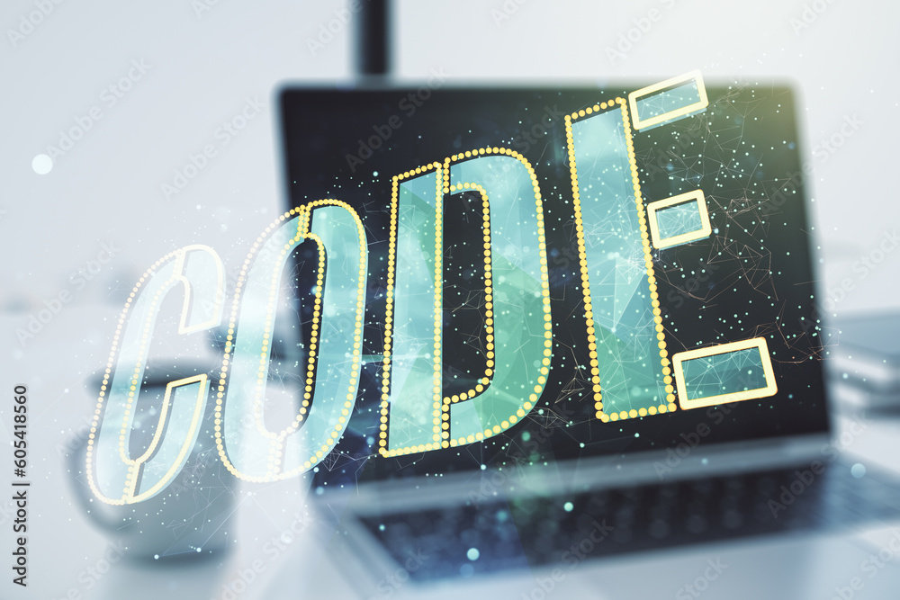 Poster creative code word sign on modern computer background, international software development concept. m