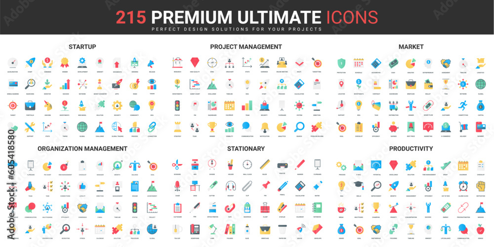 Aufkleber Bussines organization, strategy and management of success startup color flat icons set vector illustration. Abstract symbols of executive plan, office stationery simple design for mobile and web apps