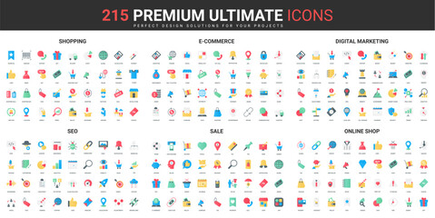 Shopping, digital marketing campaign color flat icons set vector illustration. Abstract symbols of ecommerce strategy, online store, SEO service for sales simple design for mobile and web apps