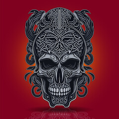 Decorative tribal skull with leaves. Tribal design for tattoo, logo, sign, emblem, t-shirt, embroidery, crafting, sublimation.