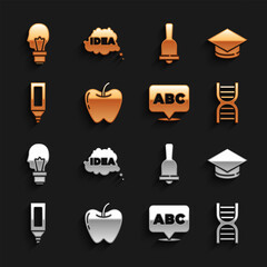 Set Apple, Graduation cap, DNA symbol, Alphabet, Marker pen, Ringing bell, Light bulb with concept of idea and Idea, speech bubble icon. Vector