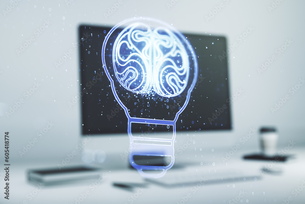 Poster creative light bulb with human brain hologram on modern laptop background, artificial intelligence a